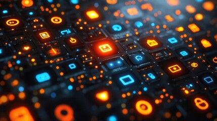 Aufkleber - Digital communication icons in vibrant colors arranged on a dark background representing technology and connectivity themes