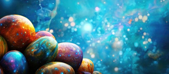 Poster - colorful cosmic eggs stacked against a vibrant blue space background showcasing a blend of hues and 