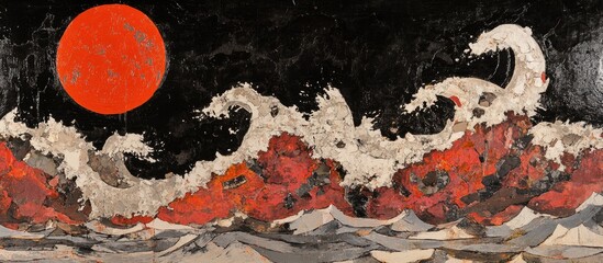 Aufkleber - Vibrant abstract ocean waves illuminated by a bold red sun on a dark background evoking dramatic emotions and artistic expression