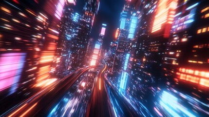 Fototapete - Vibrant Neon Cityscape with Motion Blurs and Futuristic Aesthetics