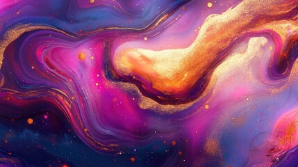 Poster - Vibrant abstract marble texture design in shades of purple and gold creating a mesmerizing cosmic effect for artistic backgrounds.