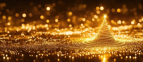Poster - Festive golden Christmas tree illuminating a sparkling background with bokeh lights ideal for holiday celebrations and New Year promotions