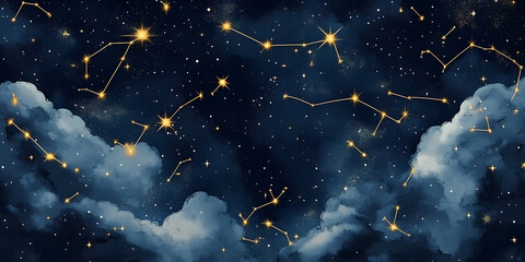 Wall Mural - Seamless night sky pattern with gold foil constellations and stars, soft watercolor clouds in rich midnight hues, creating a dreamy celestial look