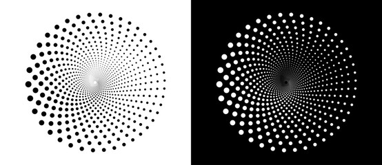 Leinwandbilder - Halftone circle as icon or background. Abstract vector circle frame with dots as logo or emblem. Black shape on a white background and the same white shape on the black side.