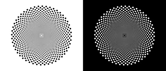 Leinwandbilder - Halftone circle as icon or background. Abstract vector circle frame with dots as logo or emblem. Black shape on a white background and the same white shape on the black side.