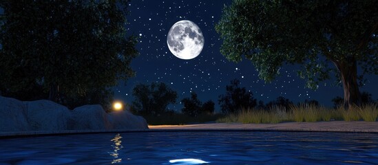 Poster - serene night scene with a tranquil pool reflecting a full moon and starry sky amidst lush trees and 