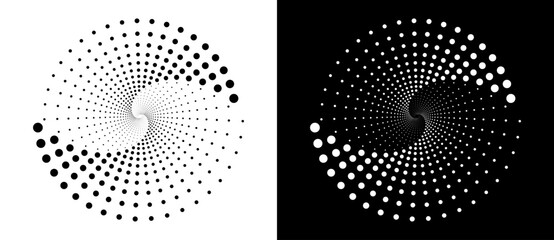 Canvas Print - Modern abstract background. Halftone dots in spiral. Round logo. Vector dotted frame. Design element or icon. Black shape on a white background and the same white shape on the black side.