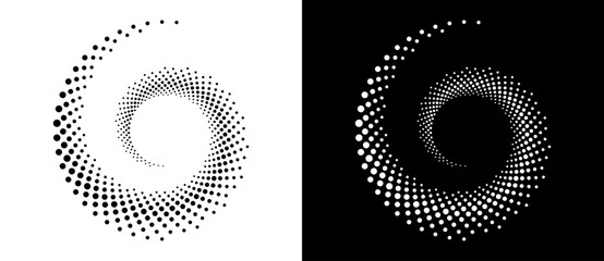 Aufkleber - Modern abstract background. Halftone dots in spiral. Round logo. Vector dotted frame. Design element or icon. Black shape on a white background and the same white shape on the black side.