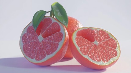 Poster - Fresh grapefruit halves with whole fruit and green leaves on a clean white background showcasing vibrant colors and textures.