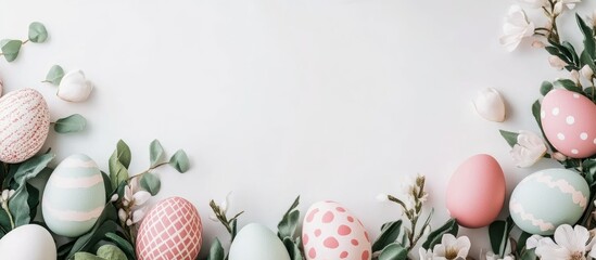Poster - Easter decoration with pastel colored eggs and foliage arranged elegantly on a light background creating a festive atmosphere