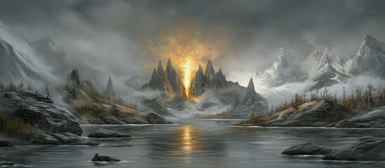 Poster - majestic fireworks illuminating rugged mountains landscape with mist and tranquil water at dusk crea