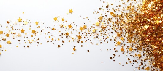 Poster - Golden star-shaped confetti scattered on a white background creating a festive border ideal for holiday greetings and celebrations