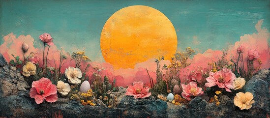 Poster - Easter celebration collage with colorful flowers and eggs against a vibrant sunset background depicting a joyful spring atmosphere