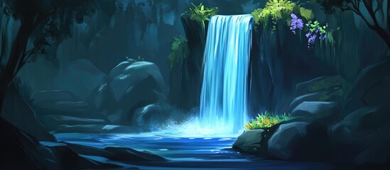 Poster - Serene waterfall illuminated by soft light amidst lush vegetation and rocky landscape in a tranquil forest setting