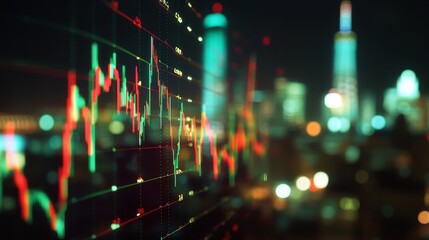 Poster - Colorful Financial Graph Overlay with City Lights in Background