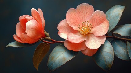 Poster - Delicate blossoms and foliage showcasing intricate details of nature's beauty in soft pastel tones with a dark background.