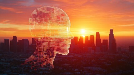 Aufkleber - Artificial Intelligence concept silhouette overlaying Los Angeles city skyline at sunset in a creative double exposure image
