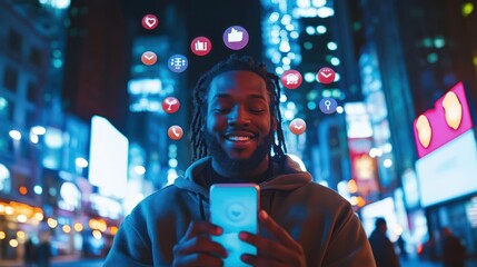Poster - Man using smartphone in a vibrant city at night
