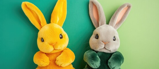Poster - Velvet Easter bunnies in green and yellow on a colorful background with ample copy space for seasonal holiday messaging and promotions