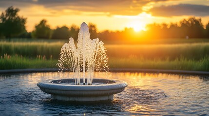 Poster - Serene Water Fountain Surrounded by Green Grass and Colorful Sunset Sky at Dusk in an Outdoor Park Setting with Reflection in Calm Water