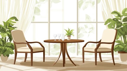 Poster - Modern studio flat living room design featuring two chairs and a round table surrounded by plants and natural light from large windows.
