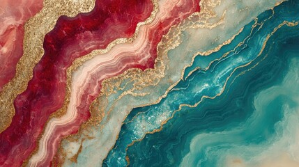 Poster - Vibrant abstract marble texture with rich red and teal tones enhanced by elegant golden accents in high resolution