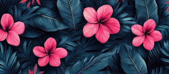 Poster - Tropical floral wallpaper design featuring vivid pink flowers and deep green leaves ideal for summer vacation themes and web design.