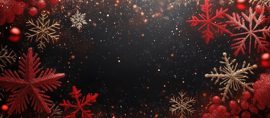 Poster - Festive background with red decorative snowflakes and ornaments on a dark shimmering backdrop creating a joyful holiday atmosphere