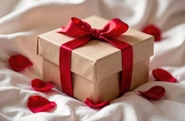 Wall Mural - A gift box with a red ribbon lies on the bed in rose petals.