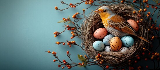 Poster - Easter Nest Arrangement with Colored Eggs and Bird Creating a Festive Atmosphere on a Soft Blue Background for Seasonal Celebrations
