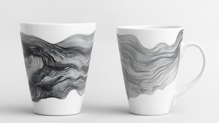 Poster - White ceramic coffee mugs with abstract line patterns in black, featuring a modern design, minimalistic style, drinkware, kitchenware, home decor.