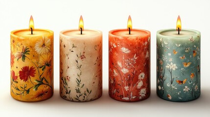 Poster - Four decorative candles with floral prints and flames glowing in a serene arrangement showcasing warmth and elegance in home decor