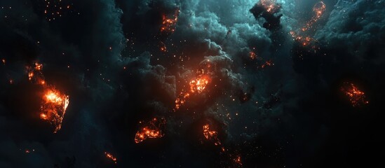 Poster - Dramatic fireworks display brightening the night sky amidst dark clouds and glowing embers creating a stunning visual spectacle