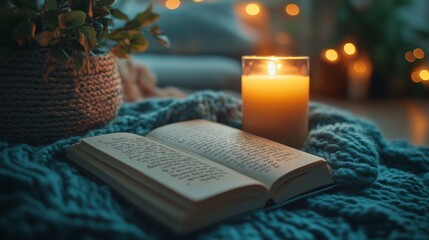 Aufkleber - A warm atmosphere is created by a lit candle next to an open book resting on a soft knit blanket, surrounded by flickering lights and a cozy ambiance.