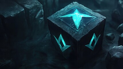 Poster - Mysterious Cracked Cube with Glowing Symbols and Dark Background