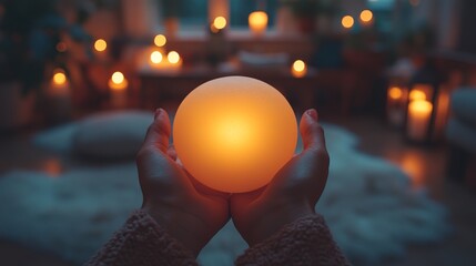 Poster - A person gently holds a glowing orb in both hands while being surrounded by soft candlelight. The warm ambiance creates a peaceful atmosphere in the cozy indoor setting.
