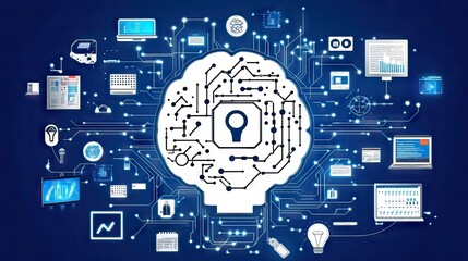 Poster - Digital Brain Concept with Technology Elements and Data Visualization