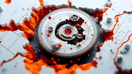 Poster - Detailed technical schematic of a complex seismograph mechanism precisely recording the interplay of tectonic forces and earthquake with intricate gears and sensors