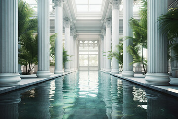 Poster - Large white hall with tall pillars and a lot of greenery