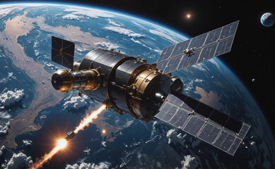 Poster - Space shuttle is flying through space with a rocket trailing behind it. The rocket is shooting out of the shuttle, leaving a trail of smoke in its wake. The shuttle is traveling at a high speed