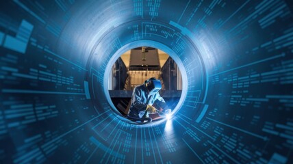 Poster - A welder works inside a large pipe, surrounded by digital data graphics.