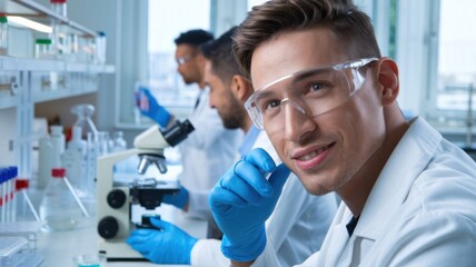 Poster - A group of scientists working in a laboratory with microscopes and lab equipment.