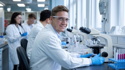Poster - A young scientist working in a laboratory with a microscope and colleagues.