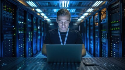 Poster - A person working on a laptop in a server room, focused on technology tasks.