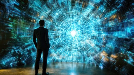 Poster - Businessman Standing Before Futuristic Digital Data Interface