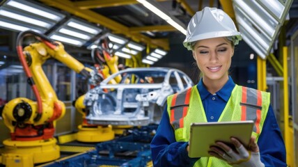Poster - A woman in safety gear uses a tablet in an automotive manufacturing facility with robots.