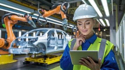Poster - A woman in safety gear uses a tablet in an automotive manufacturing environment.