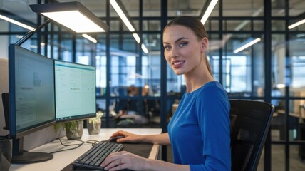 Poster - A woman working at a desk with dual monitors in a modern office environment.