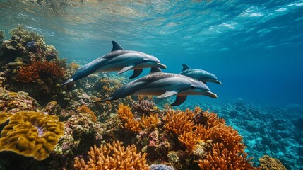 Poster - Three Dolphins Swimming Over Colorful Coral Reef Underwater Scene