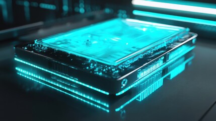 Poster - Futuristic Digital Technology Concept with Transparent Device Displaying Advanced Circuitry and Neon Blue Lighting in a High-Tech Environment